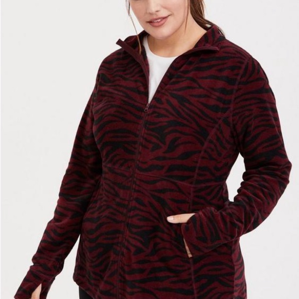 TORRID burgundy and black zebra print fleece activewear jacket Sz 2